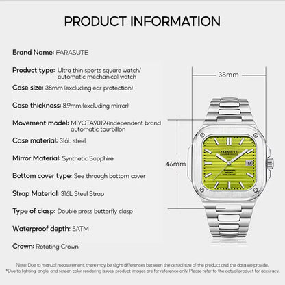 FARASUTE Automatic Mechanical Luxury Men's Watch Miyota9019 Movement Ultrathin 8.9mm Luminous 5ATM Waterproof Wristwatches Male