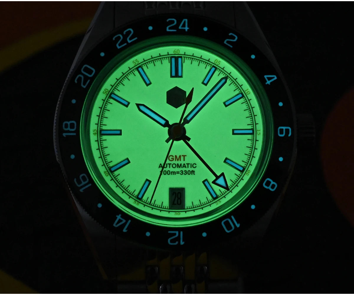 San Martin 39.5mm Limited Edition Full Lume Dial Automatic Mens Watch NH34 GMT 6H Date 10Bar Luxury Kol Saati SN0116W