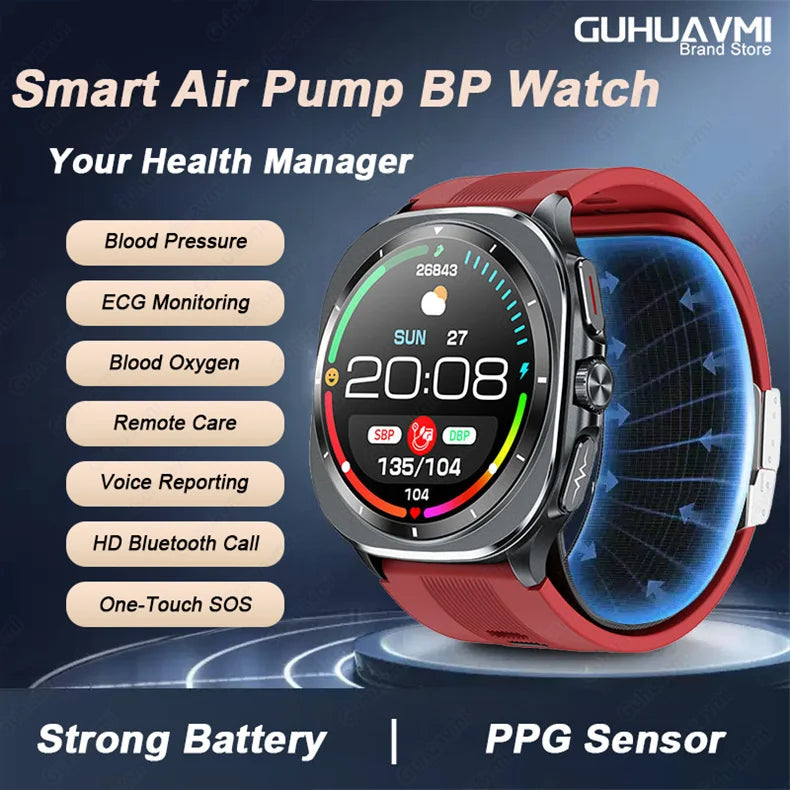 2026 New Health Track Smartwatch Air Pump Airbag True Blood Pressure Health Measure Smart Watch for Men and Women Blood Oxygen BT Call