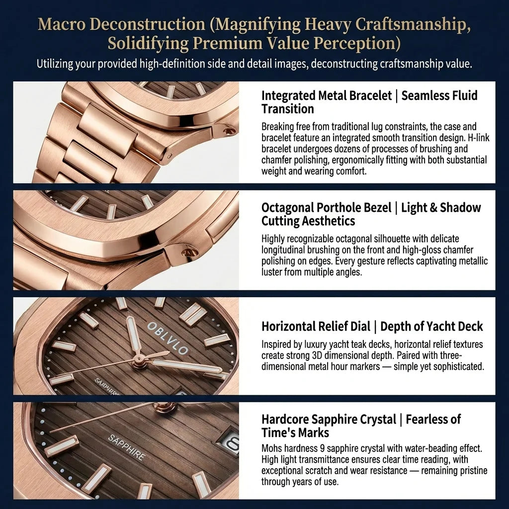 OBLVLO Men's Rose Gold Brown Dial Bracelet Watch with Date Swiss Quartz Movement Elegant Dress Watch for Gentlement FM-YWL-S