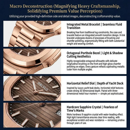 OBLVLO Men's Rose Gold Brown Dial Bracelet Watch with Date Swiss Quartz Movement Elegant Dress Watch for Gentlement FM-YWL-S