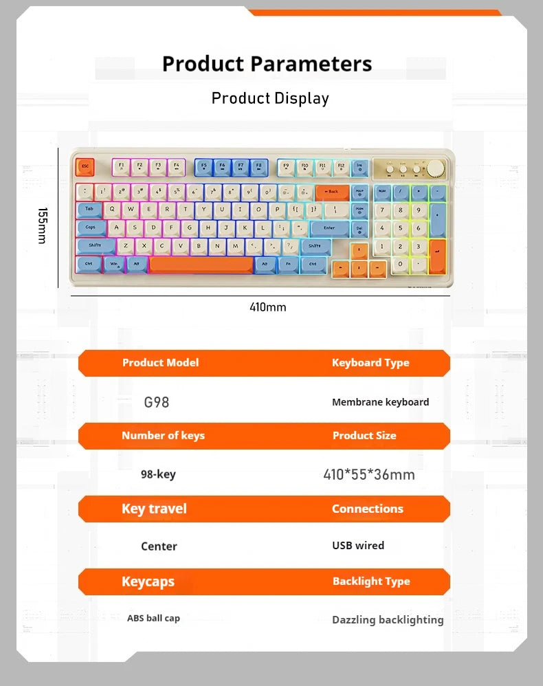 Teclado de escritório gaming EWEADN G98, membrana com retroiluminação arco-íris, USB com fio, externo e silencioso, teclado numérico, design digital