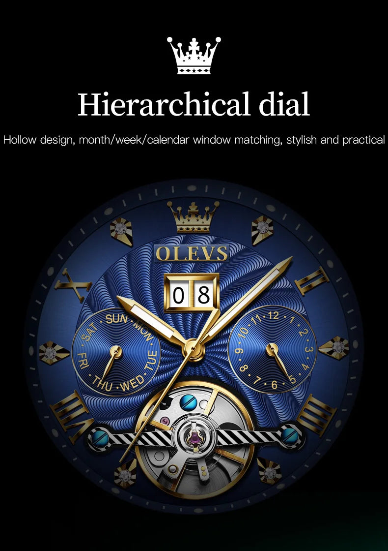 OLEVS 9910 Original Men's Automatic Mechanical Watch Luxury Skeleton Stainless steel Waterproof Luminous Watches