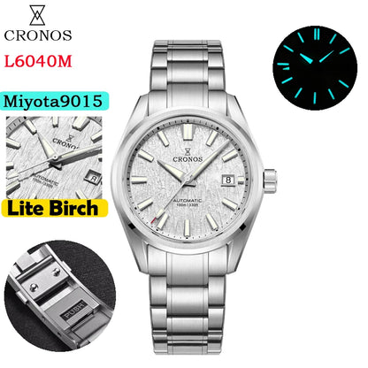 Cronos Men Watch 39mm Automatic Miyota 9015 Movement Wristwatches White Dial Birch Pattern Solid Links Sapphire 10 ATM L6040M