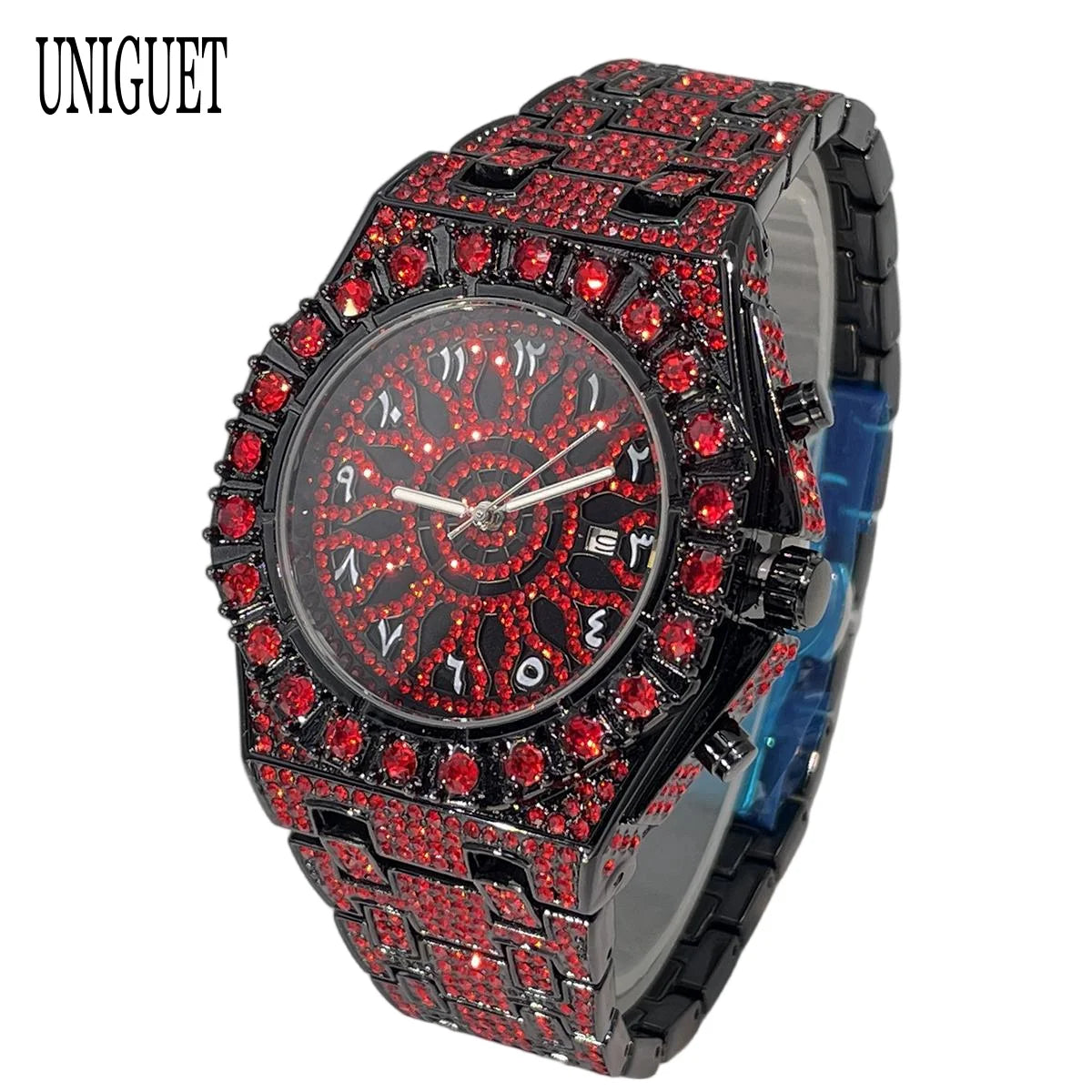 UNIGUET Hip Hop Wristwatch For Men Luxury lce Out Full Diamond Watches Fashion Green Watch Waterproof Clock Man 2026 Hot Sale