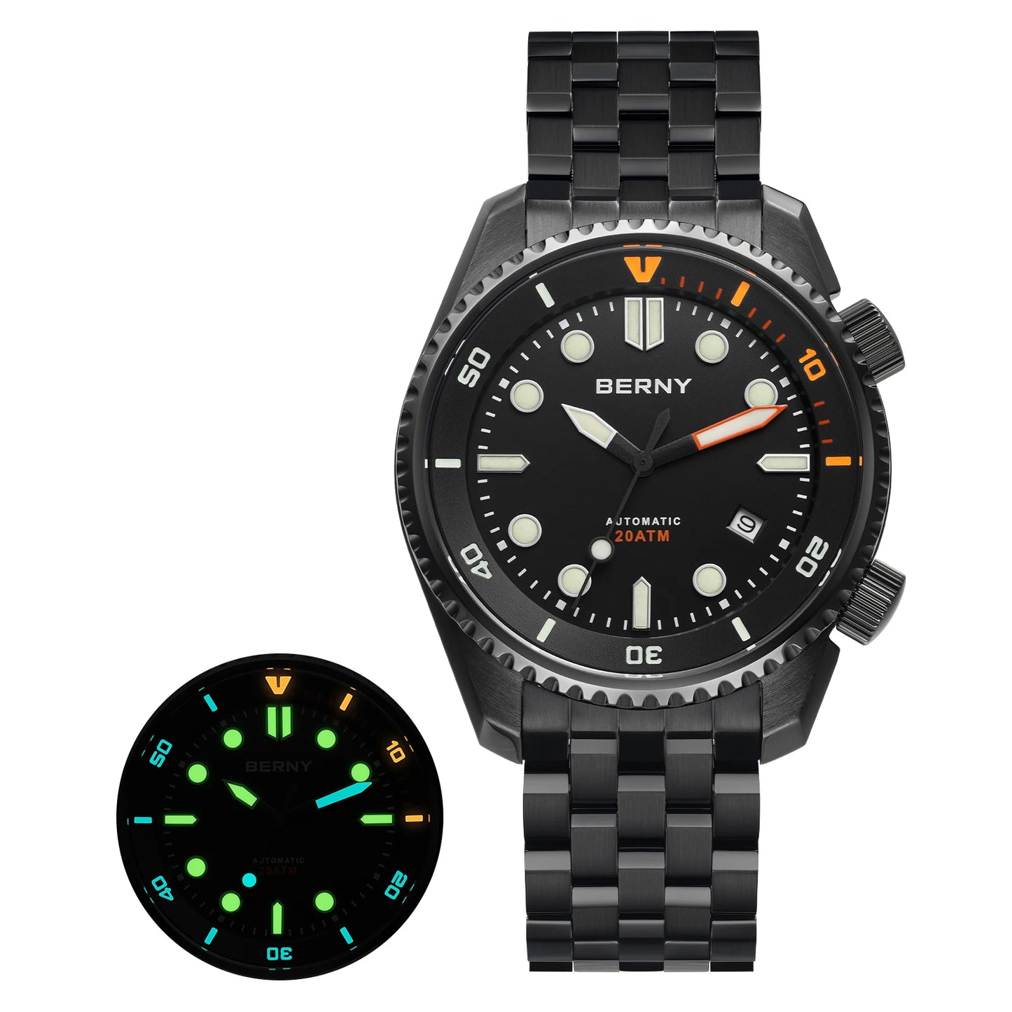 BERNY 20ATM Automatic Men's Watch Diver Sports Diving Watches Luxury Sapphire 316L Stainless Steel Mechanical Waterproof Watches
