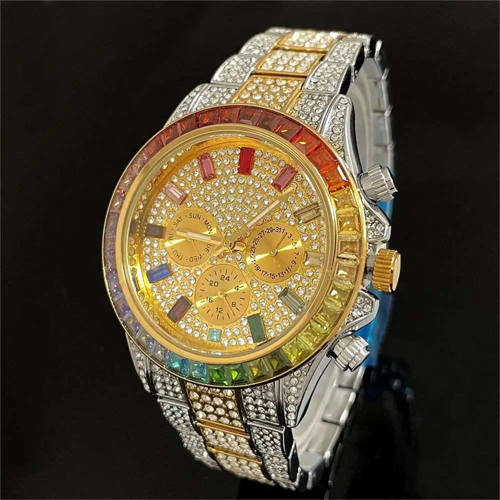 Hot Sell Luxury Green Iced Watch For Men Fashion Stainless steel Quartz Wristwatch Hip Hop Rainbow Diamond AAA Watches Man Reloj