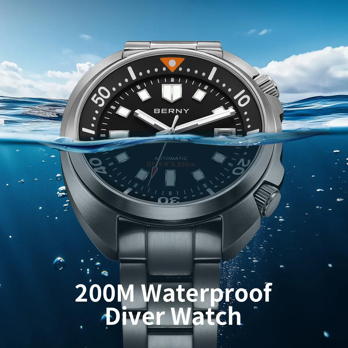 BERNY Automatic Dual Crown Diver Watch For Men Super Luminous Miyota 8215 Sapphire Swim Sport 20ATM Mechanical Men's Dive Watch