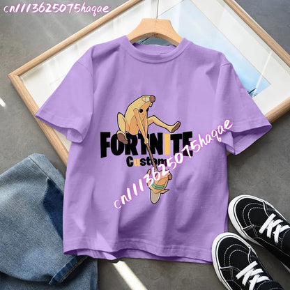 T-shirts Fortnite para Criança com Figuras Anime Estampadas, Tops de Desenho Animado Fortress Night, Roupa de Verão para Meninas, Manga Curta, Pullover Tees
