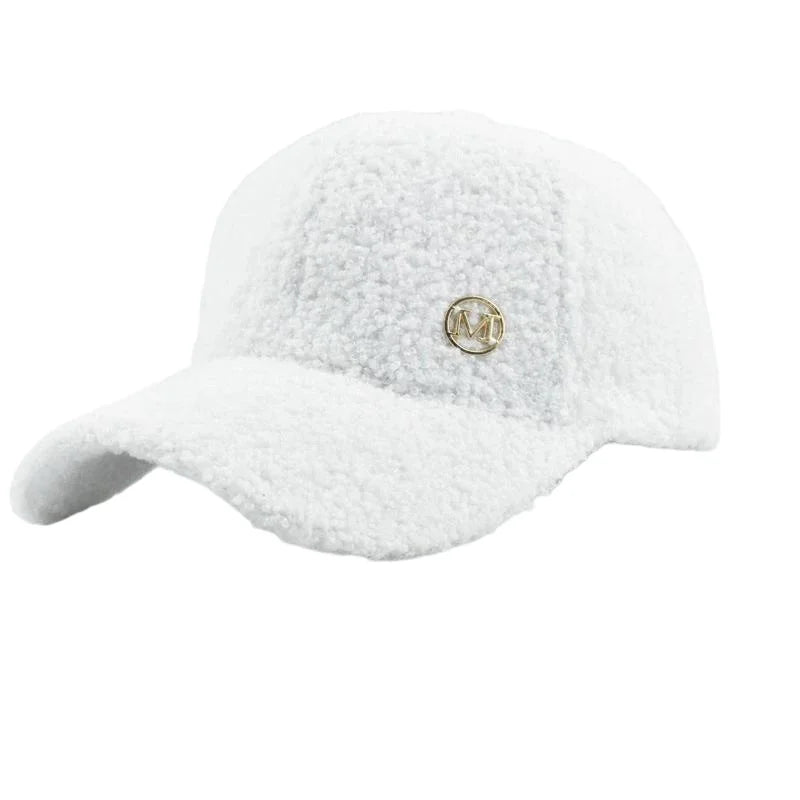 Winter Solid Color M-Label Lamb Wool Baseball Cap for Women, Outdoor Warm Casual Fashion Versatile Plush Duckbill Cap