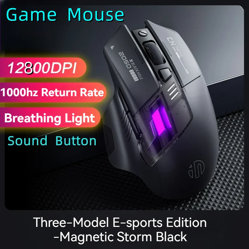 Inphic A9 Pro Three-mode Game Mouse Colorful Light Guide Pillar Power Indicator DPI Adjustable Macro-driver Ergonomics 12800DPI