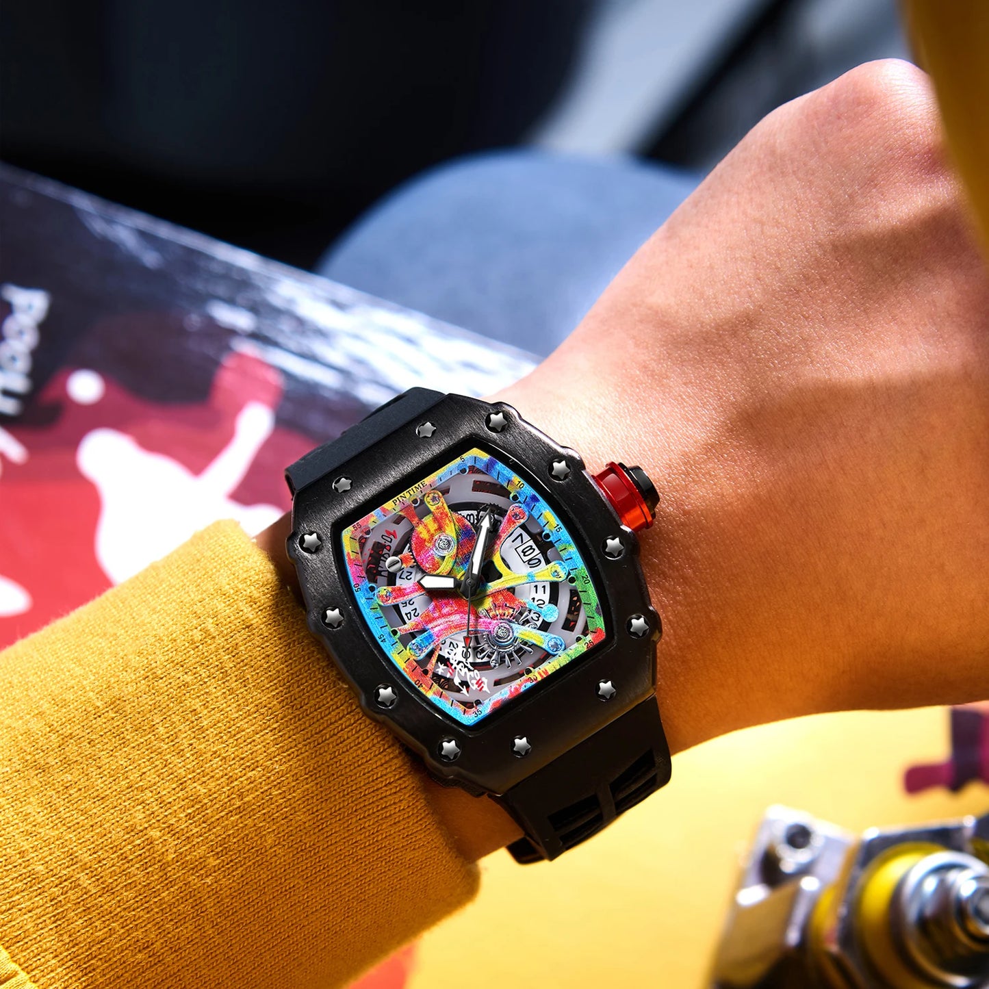 Luxury Watch Men Wrist Watches Tonneau Multifunction Graffiti Dial Auto Date Waterproof Sports Casual Clock Men Quartz Watches