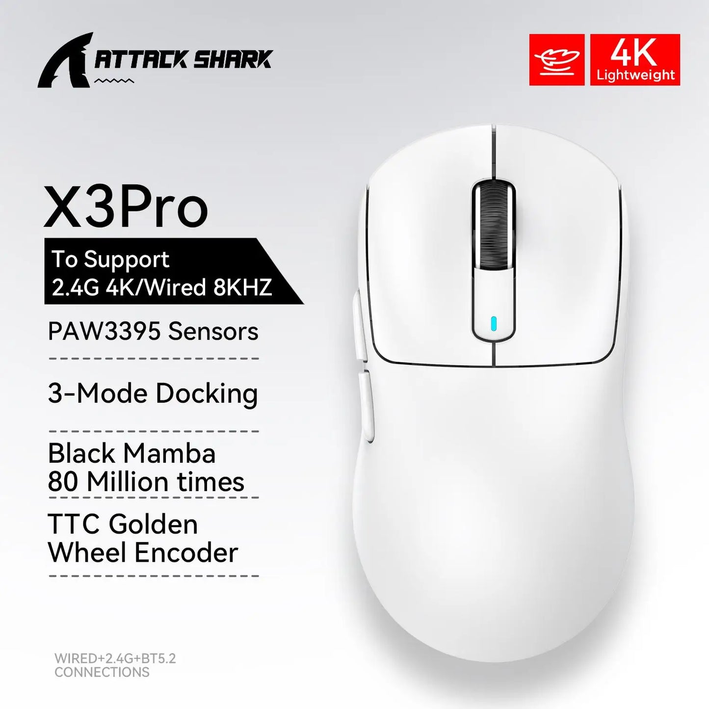 Mouse Gaming Wireless X3 ATTACK SHARK colore rosso, polling rate 4K, connessione Bluetooth tri-mode, PAW3395, mouse gaming Bluetooth con macro