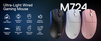 Redragon M724 Wired 42G Ultra-Light 12,400 Max DPI Optical 5 Programmable Buttons Gaming Mouse