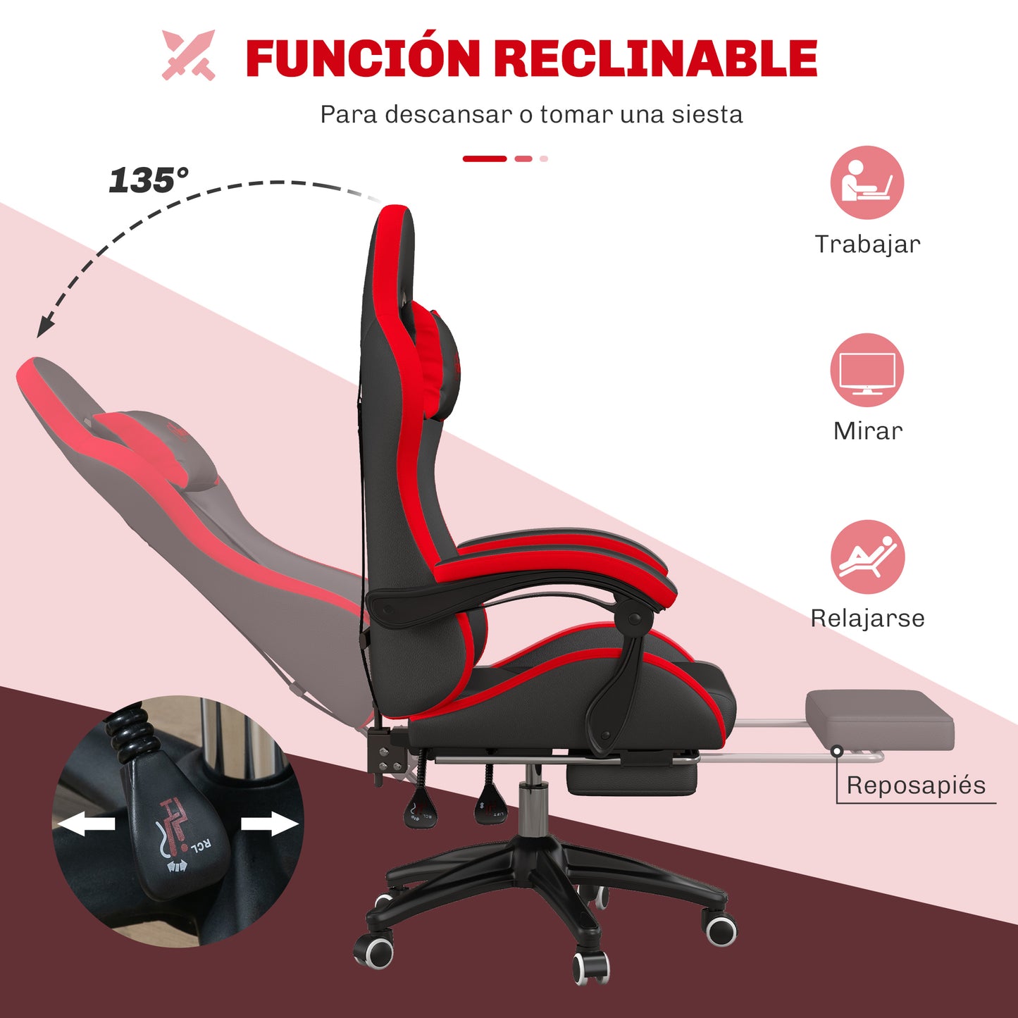 Vinsetto Ergonomic Reclining Gaming Chair 135 ° , Pu Leather Racing Gamer Chair with Lumbar Support, Adjustable Height, Headrest and Retractable Footrest, for Office, Study, Black and Red